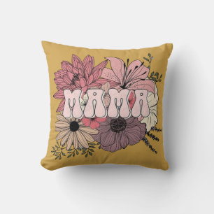 Retro Mama Floral Shirt - Groovy 70s Mother's Day Throw Pillow