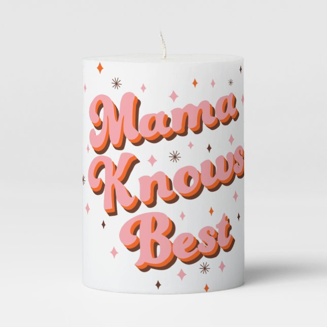 Retro Mama Knows Best Pink Brown 70s Lettering Pillar Candle (Front)