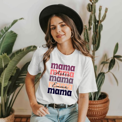 Retro Mama Mothers Day Custom Kids Name T_Shirt