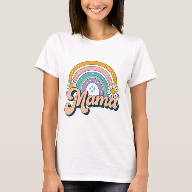 Retro Mama Rainbow | Groovy 70s Pastel Floral Mom  T-Shirt (Front)