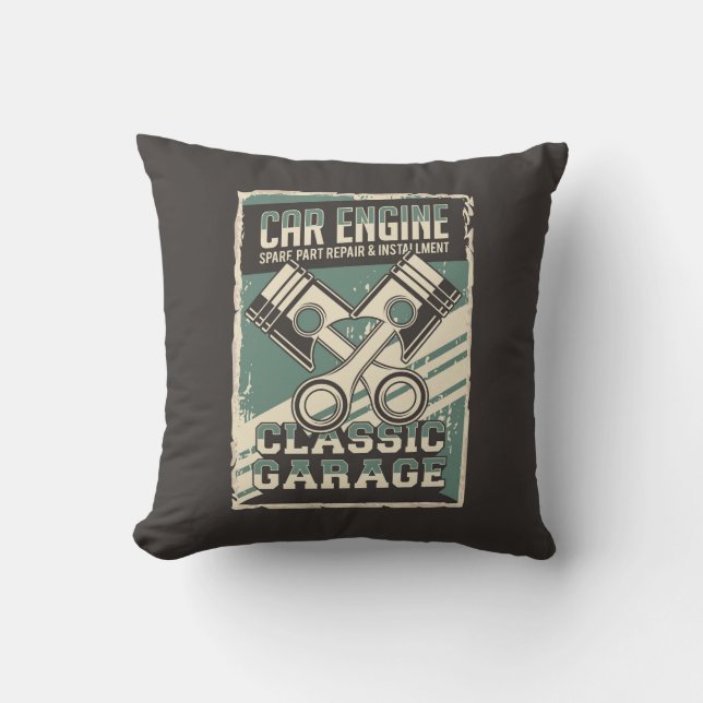 Retro Man Cave Classic Automotive-Car Engine Throw Pillow (Front)