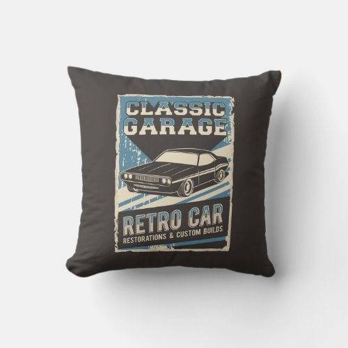 Retro Man Cave Classic Automotive_Car Garage Throw Throw Pillow