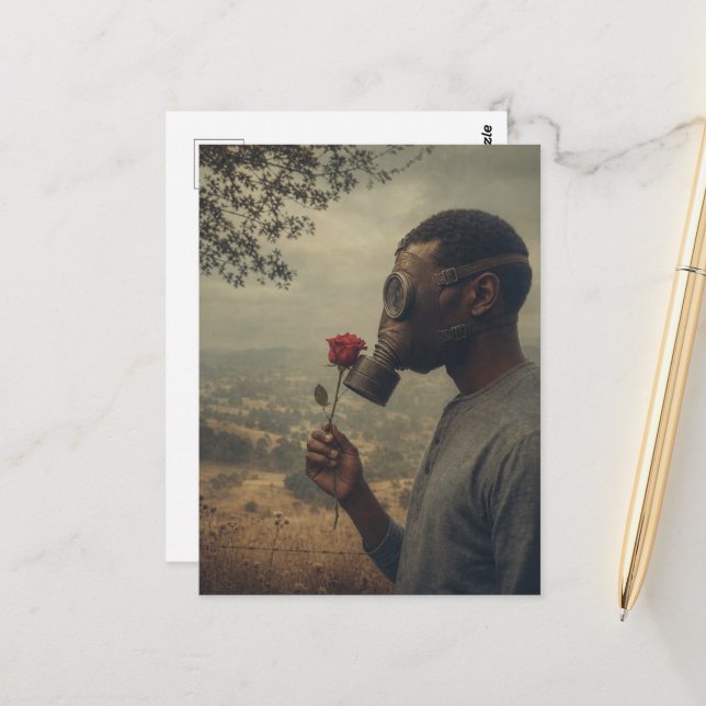 Retro man in a Gas Mask With Red Rose Postcard (Front/Back In Situ)