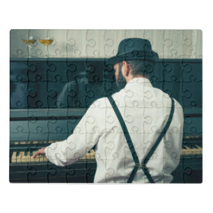 Retro man playing piano and smoking jigsaw puzzle