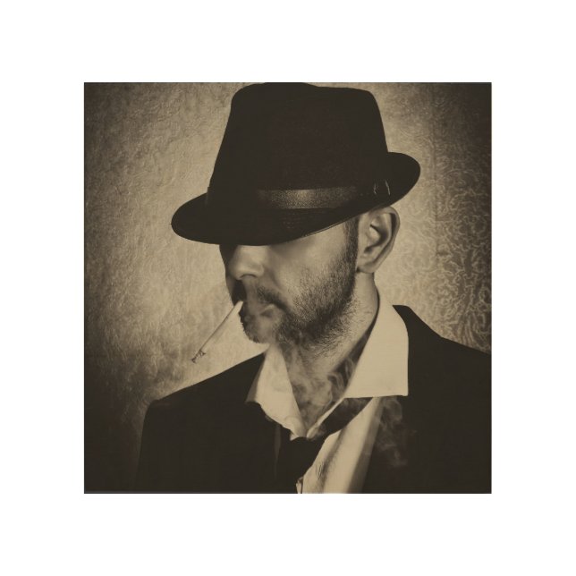 Retro man smoking wood wall art (Front)