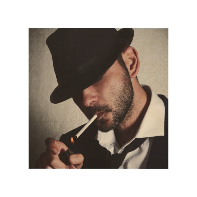 Retro man smoking wood wall art (Front)