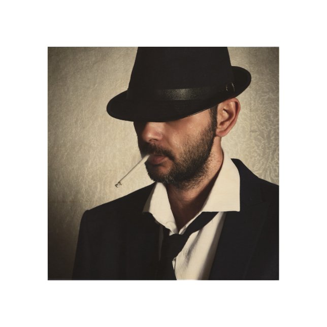 Retro man smoking wood wall art (Front)