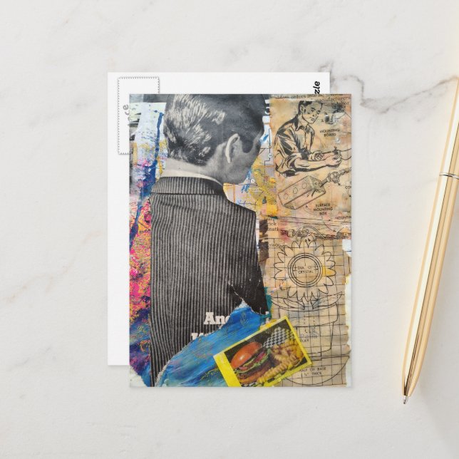 Retro man working cheeseburger Mixed media collage Postcard (Front/Back In Situ)