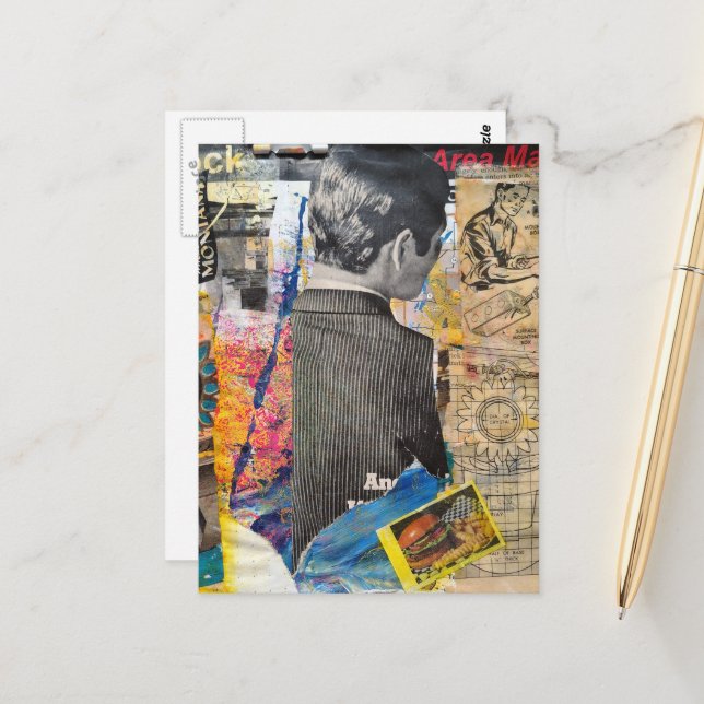 Retro man working diagrams Mixed media collage Postcard (Front/Back In Situ)