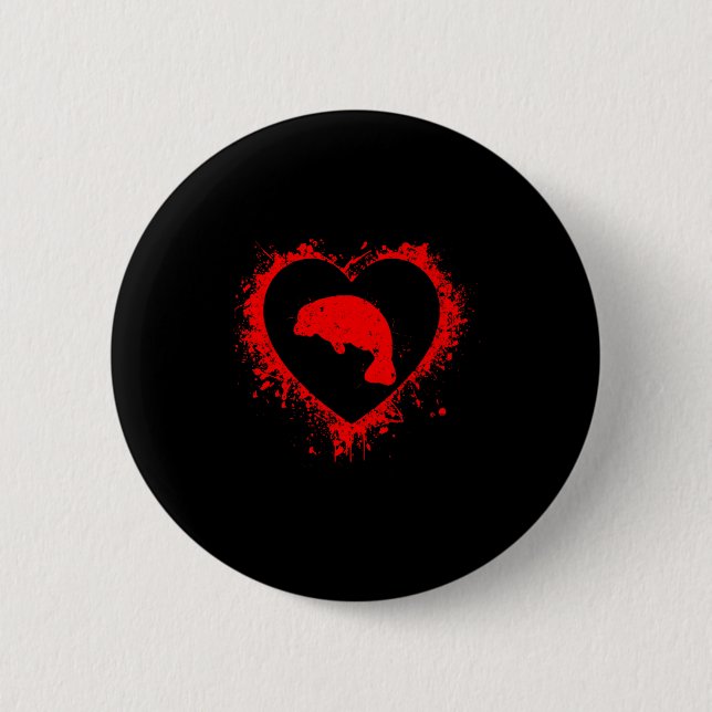 Retro Manatee Valentines Day Heart Shape My Valent Button (Front)