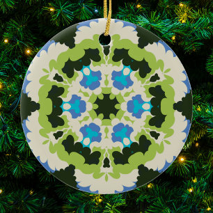 Retro Mandala Blue Green White and Black Ceramic Ornament