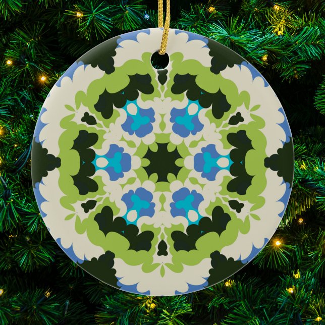 Retro Mandala Blue Green White and Black Ceramic Ornament (Blue Green White and Black Retro Mandala Christmas Ornament from Wormhole Orbital)