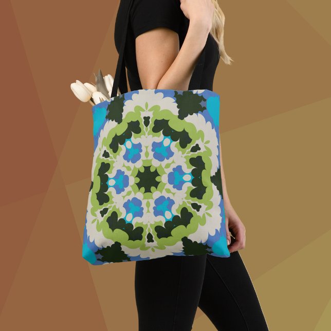 Retro Mandala Blue Green White and Black Tote Bag (Creator Uploaded)