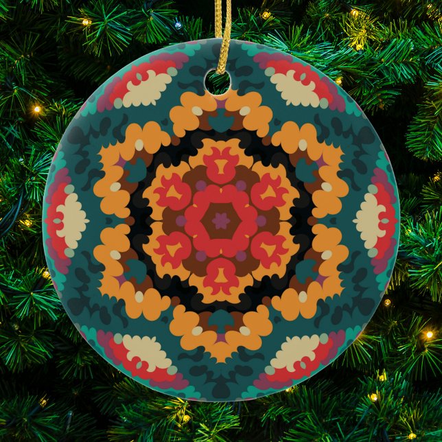 Retro Mandala Blue Orange and Red Ceramic Ornament (Blue Orange and Red Retro Mandala Ornament by Wormhole Orbital)