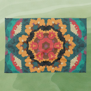 Retro Mandala Blue Orange and Red Kitchen Towel