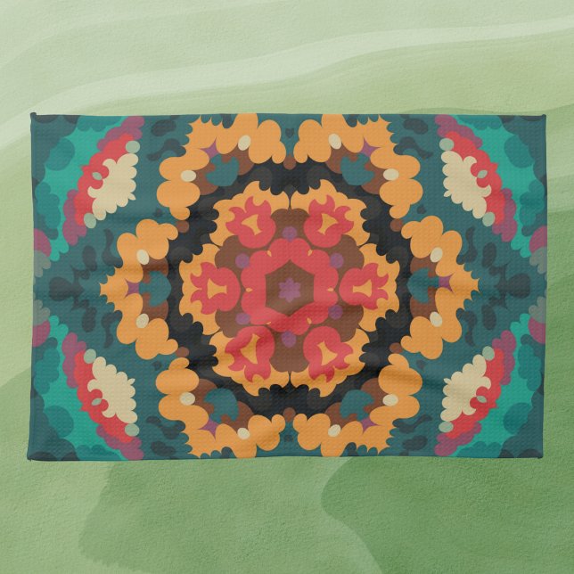 Retro Mandala Blue Orange and Red Kitchen Towel (Creator Uploaded)