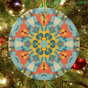 Retro Mandala Blue Orange and Yellow Ceramic Ornament