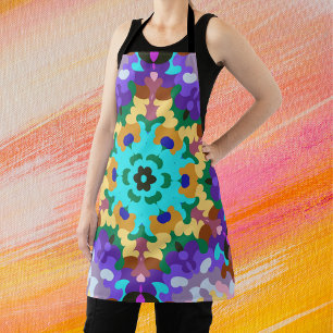 Retro Mandala Blue Purple and Yellow Apron
