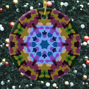 Retro Mandala Blue Purple and Yellow Ceramic Ornament