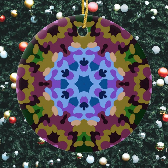 Retro Mandala Blue Purple and Yellow Ceramic Ornament (Blue Purple and Yellow Retro Mandala Ornament by Wormhole Orbital)