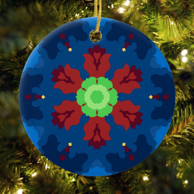 Retro Mandala Blue Red and Green Ceramic Ornament (Blue Red and Green Retro Mandala Ornament by Wormhole Orbital)