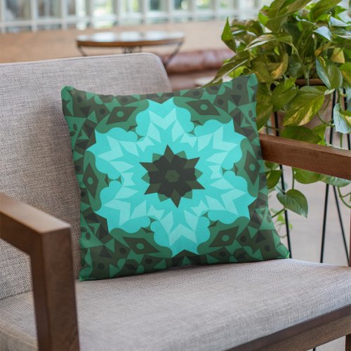 Retro Mandala Flower Blue and Green Throw Pillow