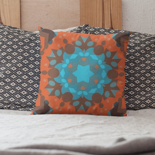 Retro Mandala Flower Blue and Orange Throw Pillow