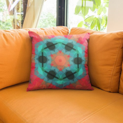 Retro Mandala Flower Blue and Pink Throw Pillow