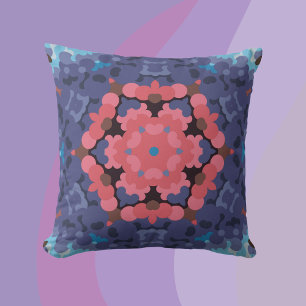 Retro Mandala Flower Blue and Pink Throw Pillow