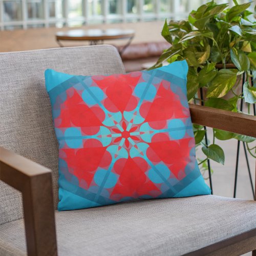 Retro Mandala Flower Blue and Red Throw Pillow