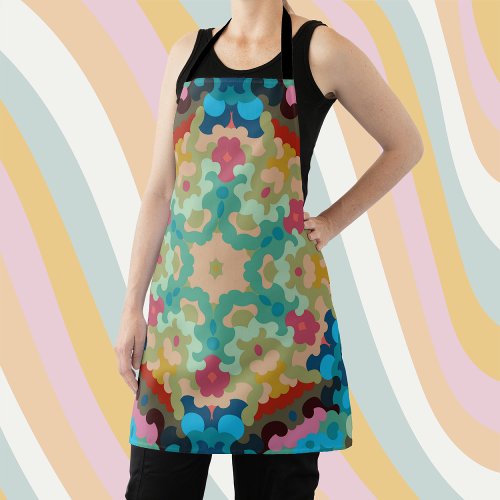 Retro Mandala Flower Blue Green and Pink Apron