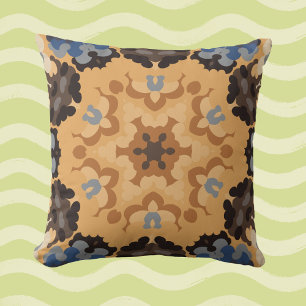 Retro Mandala Flower Blue Orange and Brown Throw Pillow