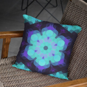 Retro Mandala Flower Blue Purple and Green Throw Pillow
