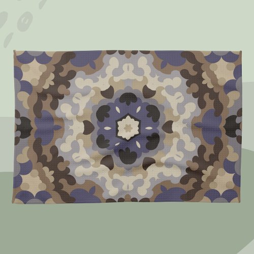 Retro Mandala Flower Blue Tan and Brown Kitchen Towel