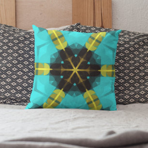 Retro Mandala Flower Blue Yellow and Black Throw Pillow