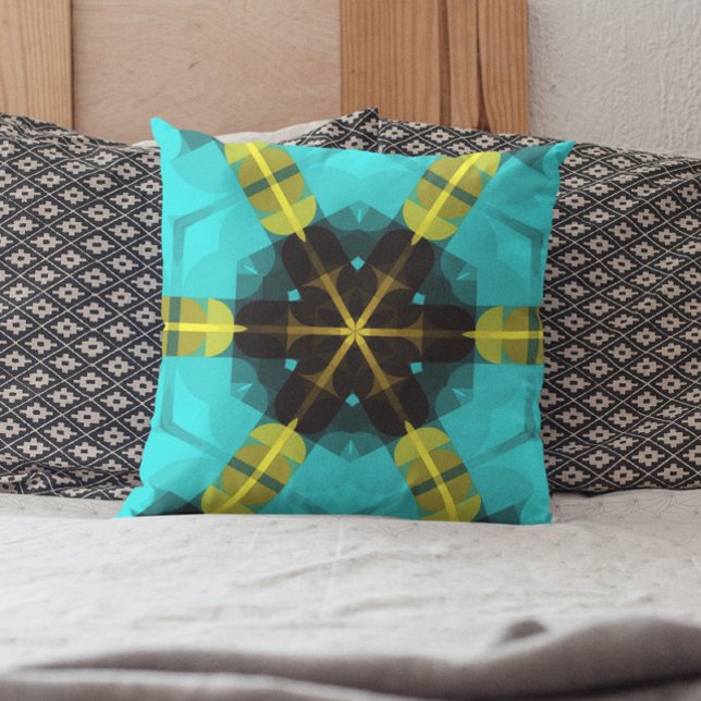 Retro Mandala Flower Blue Yellow and Black Throw Pillow (Creator Uploaded)