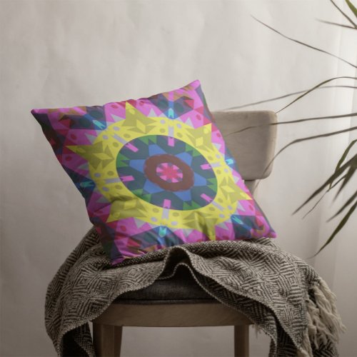 Retro Mandala Flower Blue Yellow and Pink Throw Pillow