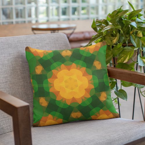 Retro Mandala Flower Green and Orange Throw Pillow