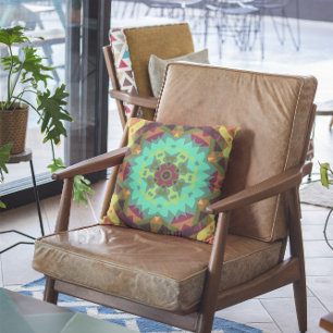 Retro Mandala Flower Green Purple and Orange Throw Pillow