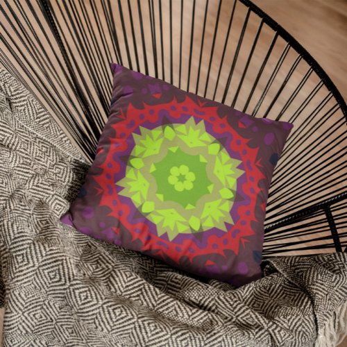 Retro Mandala Flower Green Red and Purple Throw Pillow