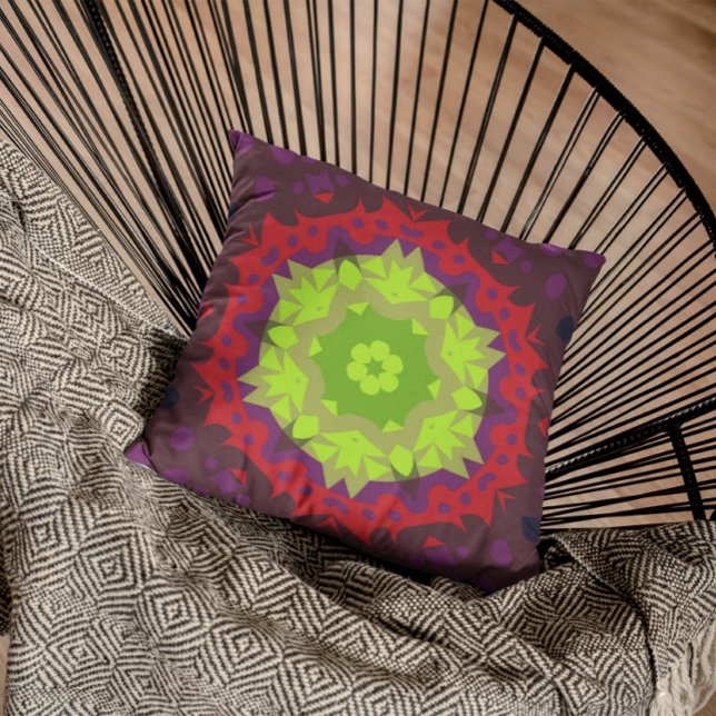 Retro Mandala Flower Green Red and Purple Throw Pillow (Creator Uploaded)
