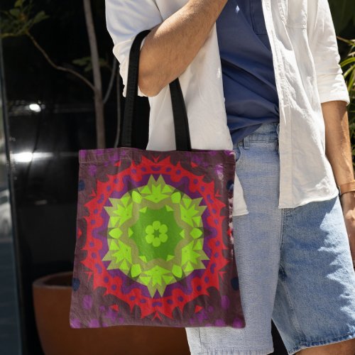 Retro Mandala Flower Green Red and Purple Tote Bag