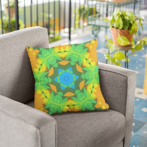 Retro Mandala Flower Green Yellow and Blue Throw Pillow