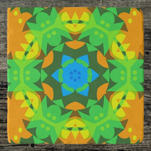 Retro Mandala Flower Green Yellow and Blue Trivet