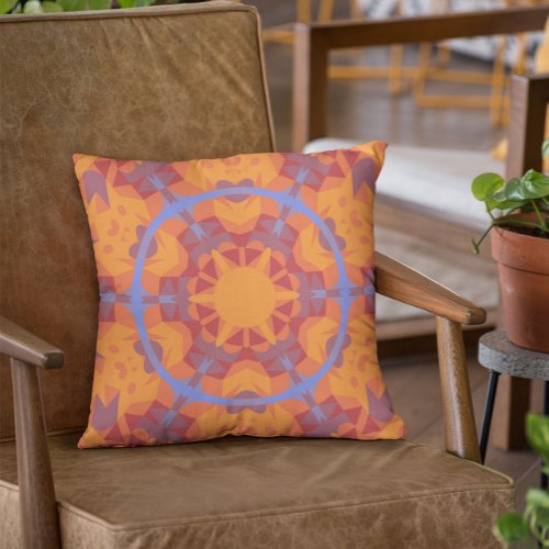 Retro Mandala Flower Orange and Blue Throw Pillow