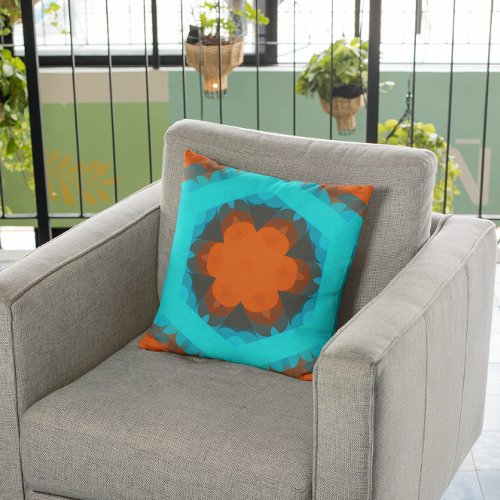 Retro Mandala Flower Orange and Blue Throw Pillow