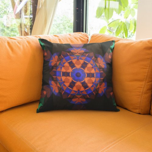 Retro Mandala Flower Orange and Blue Throw Pillow