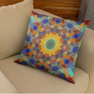 Retro Mandala Flower Orange Blue and Green Throw Pillow