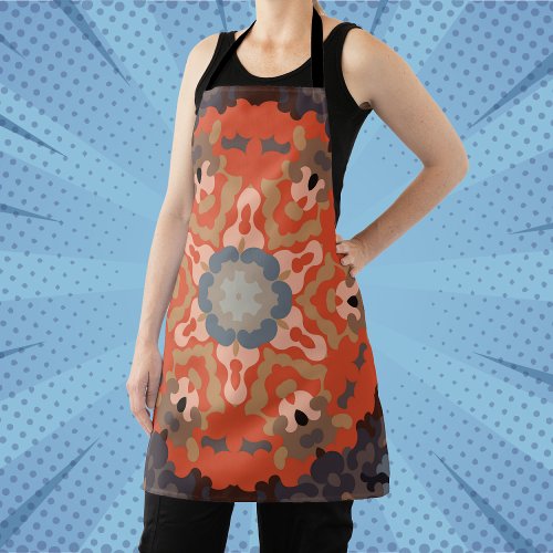 Retro Mandala Flower Orange Blue and Tan Apron