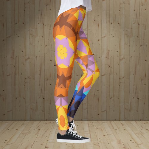 Retro Mandala Flower Orange Blue and Yellow Leggings